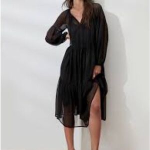 Banana Republic Size Small Swing Tiered Midi Dress Black Sheer Lined Boho